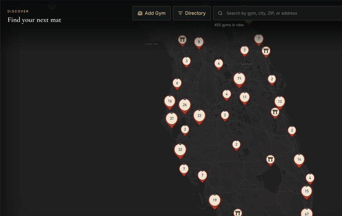 The Way app map showing clusters of martial arts gyms across Florida