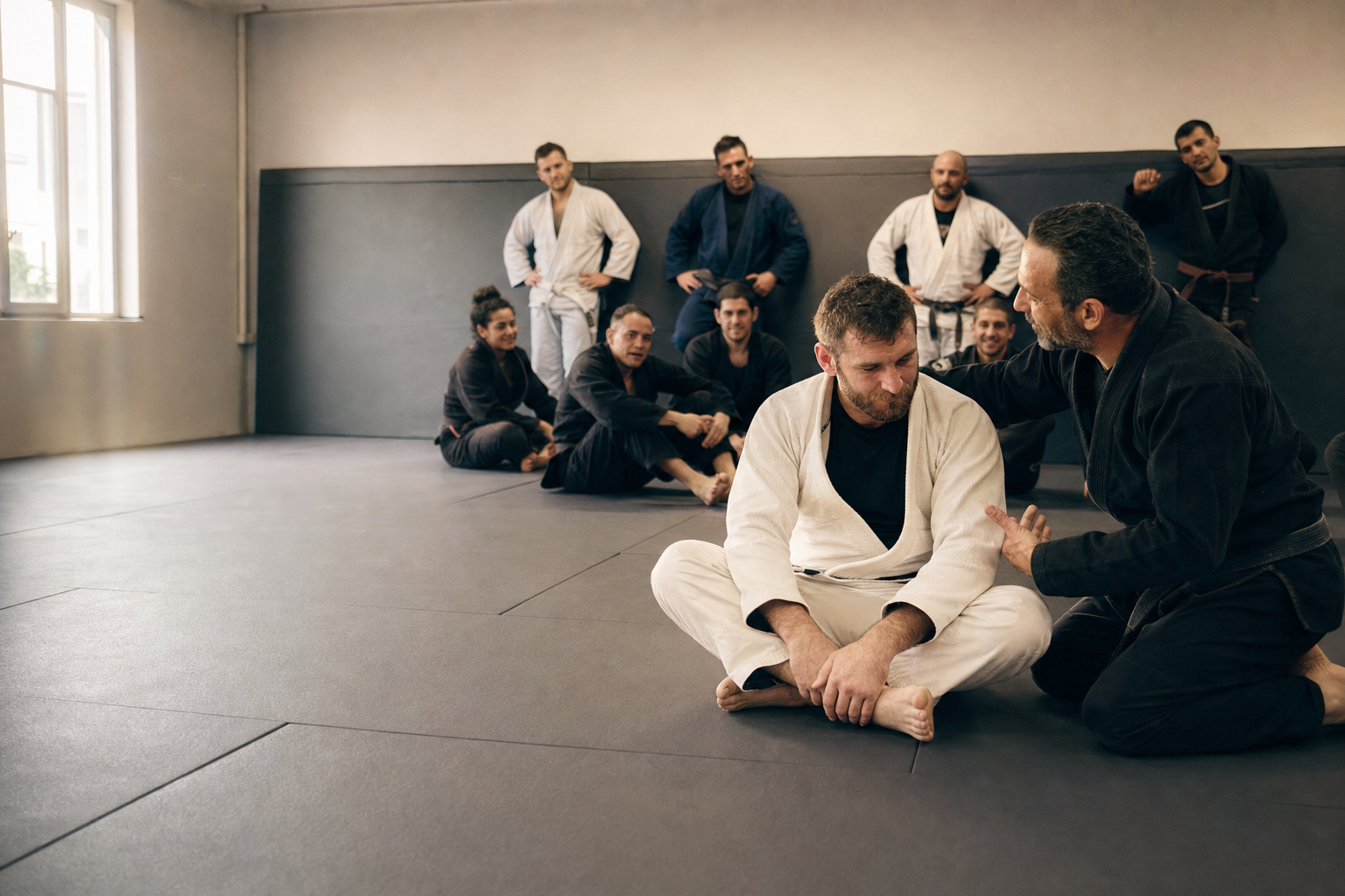 Concept image of a coach welcoming a new Jiu-Jitsu student after class